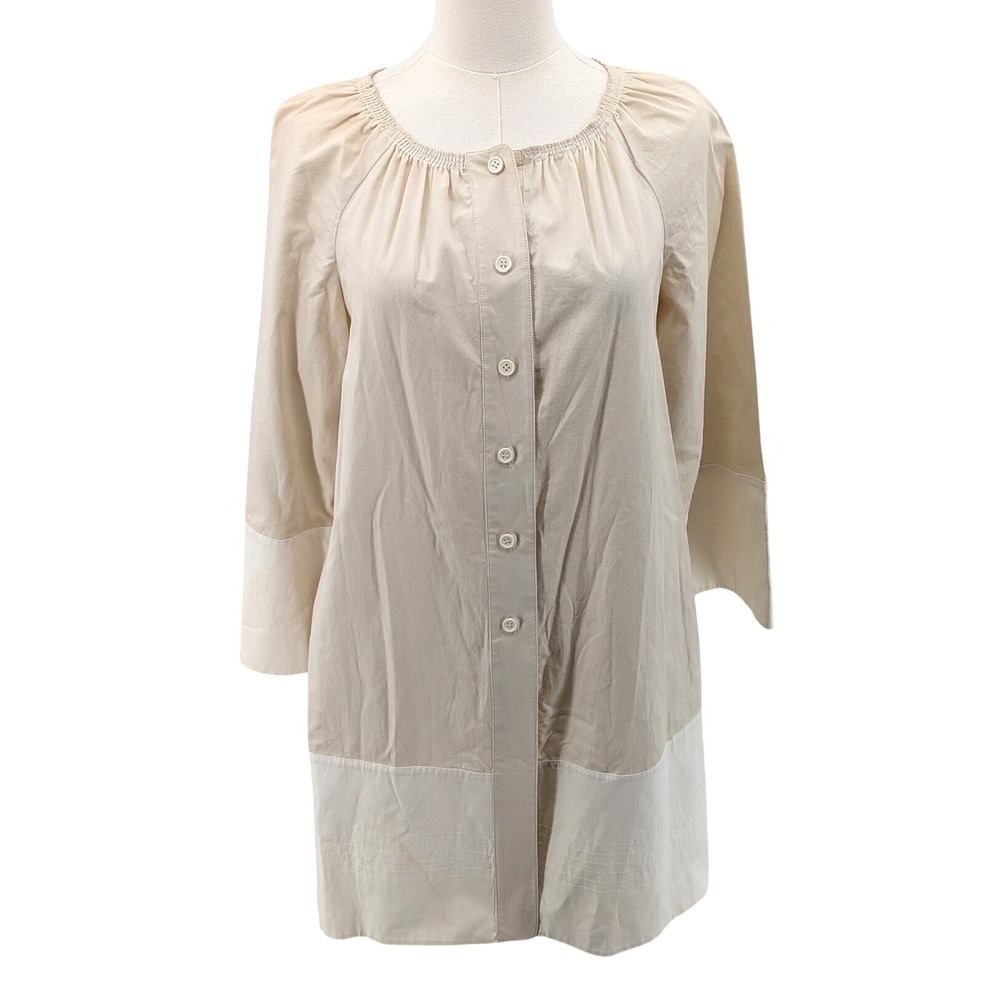 Charles Nolan New York Tunic Blouse Cream Button Front Gathered Neck Size S